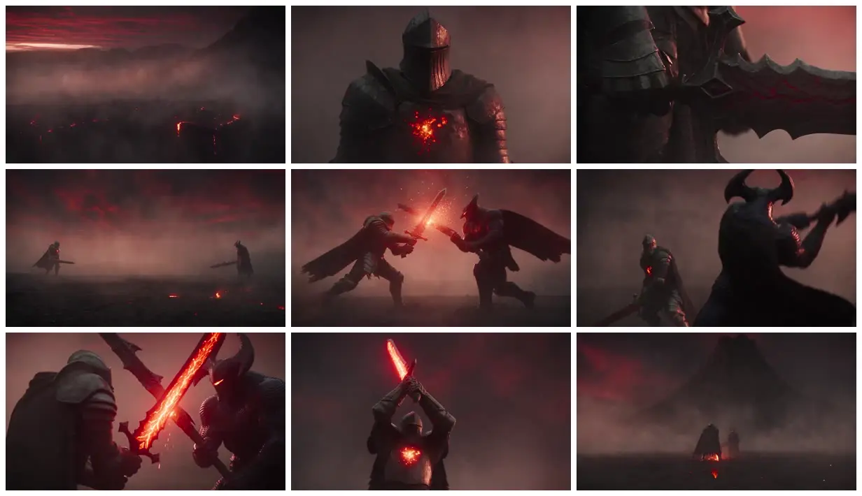 Nine frames from across Armored duel on a volcanic summit