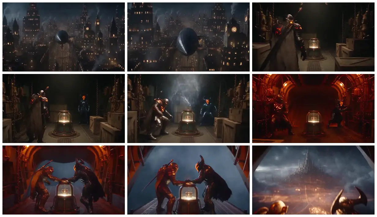 Nine frames from across Armored rivals aboard a storm airship