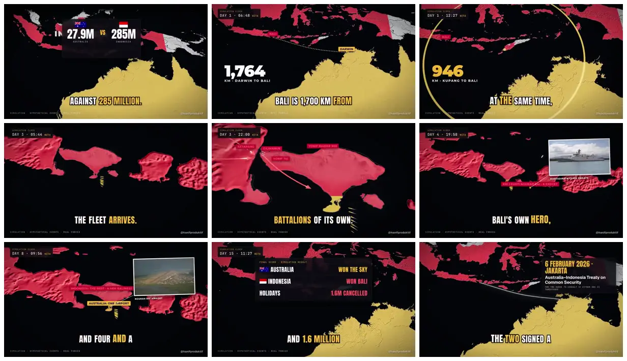 Nine frames from across Bali invasion scenario maps
