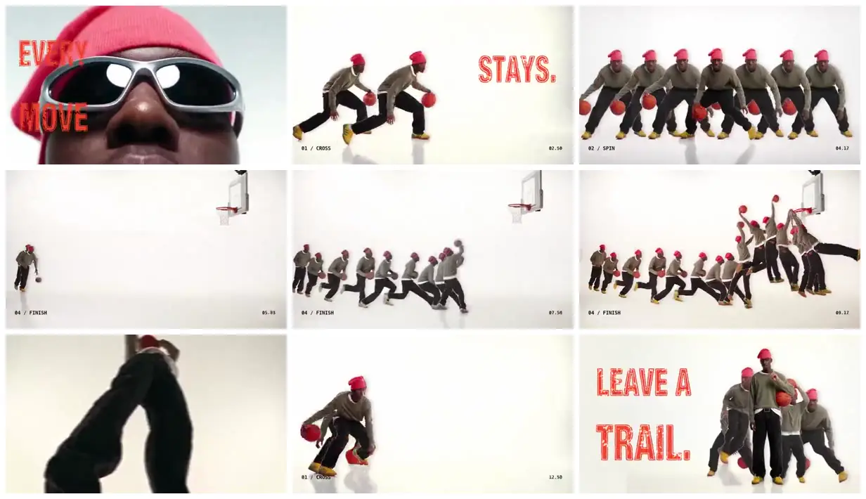 Nine frames from across Basketball pose trails in a white studio