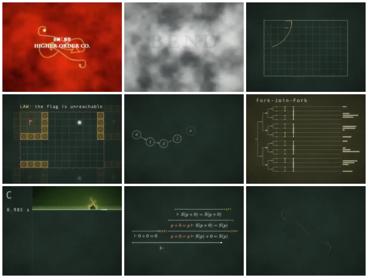 Nine frames from across Bend intro with glowing diagrams