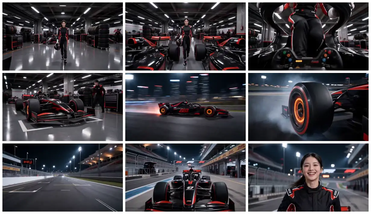 Nine frames from across Black-and-red racer at night