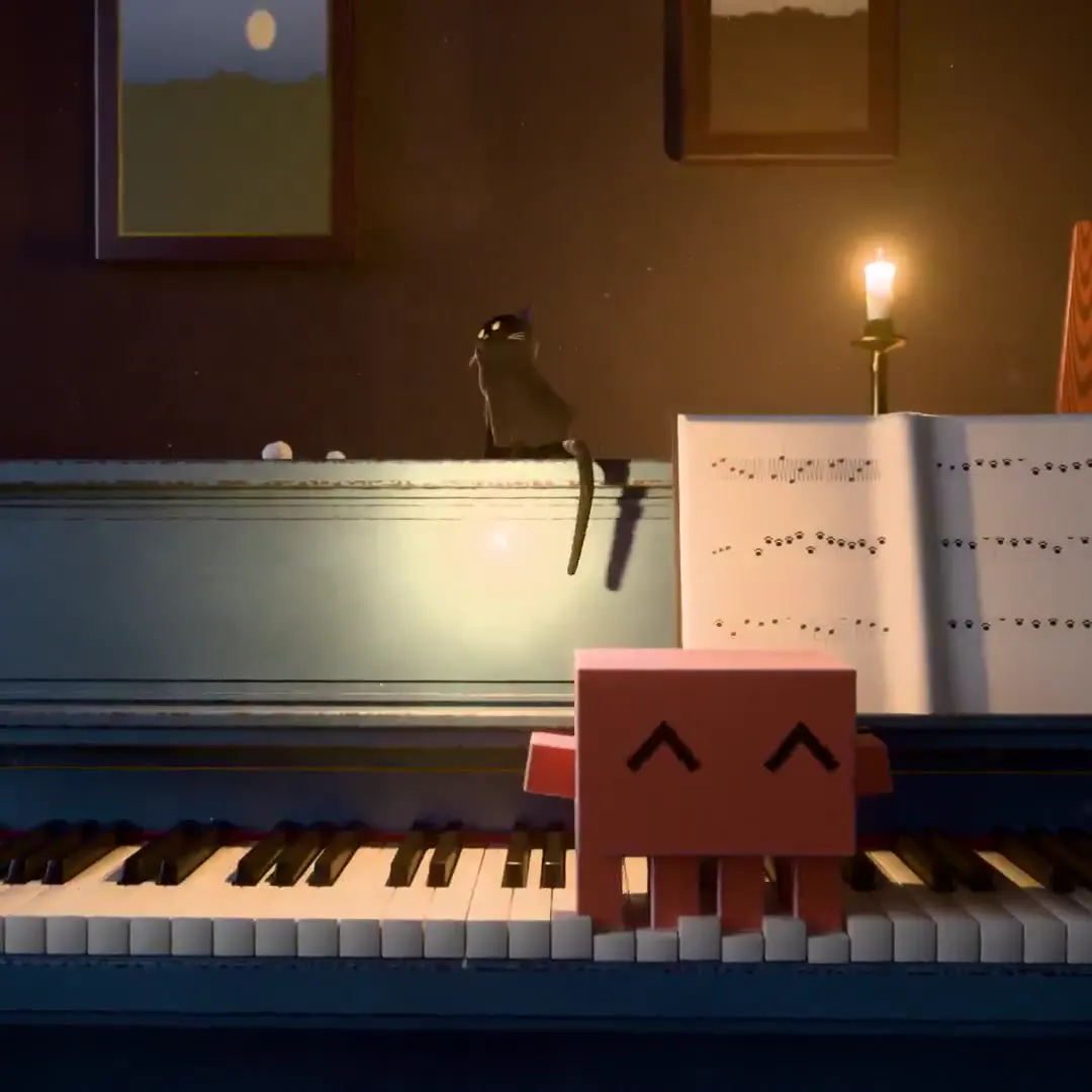 Frame from Black cat and block creature at a piano