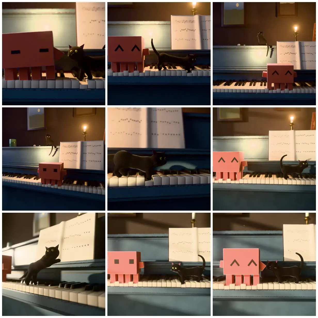 Nine frames from across Black cat and block creature at a piano