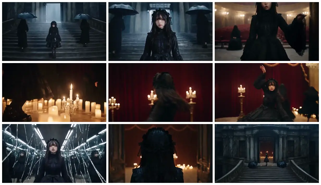 Nine frames from across Black dress in a candlelit opera house