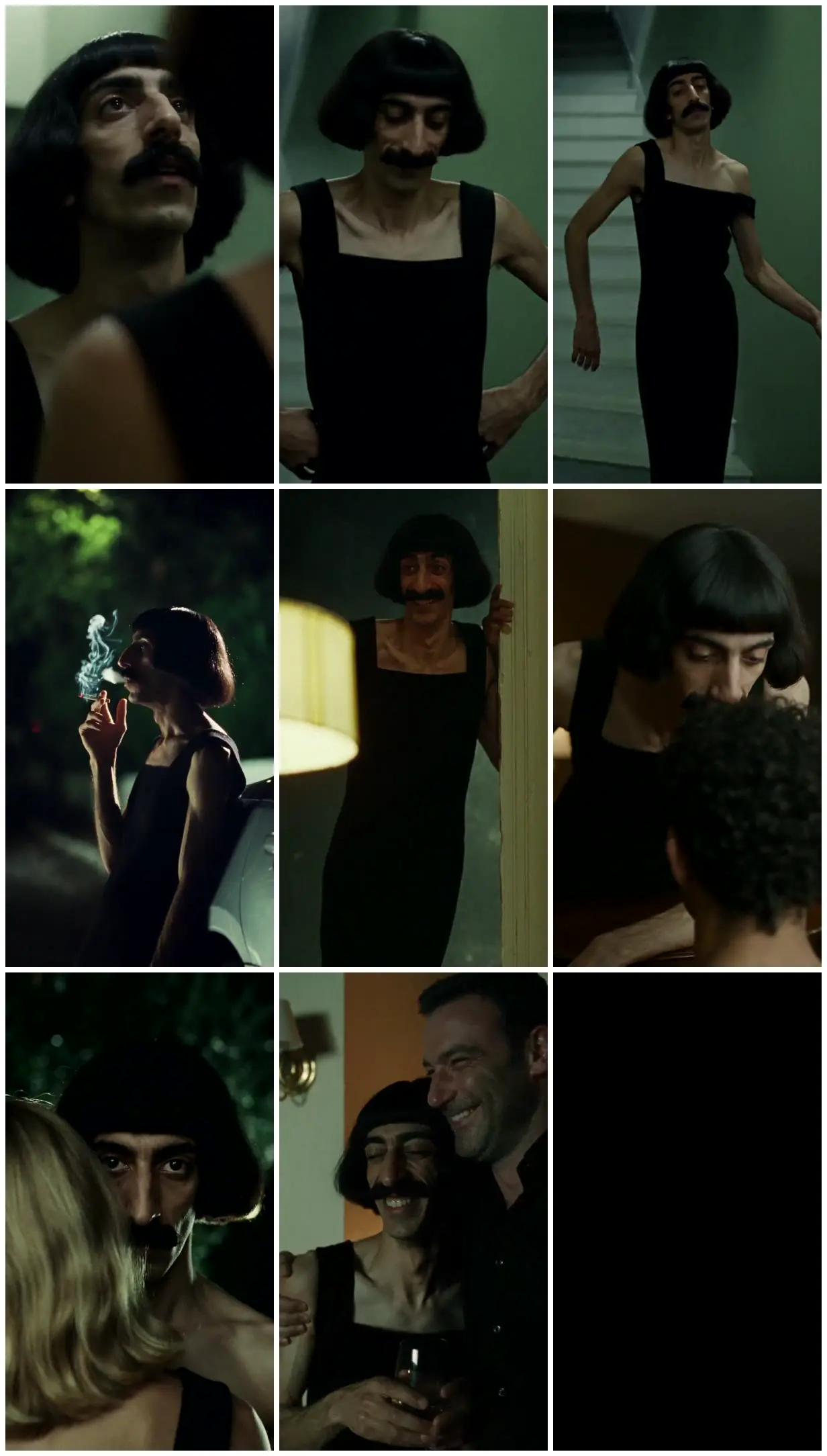 Nine frames from across Black dress portraits in green light