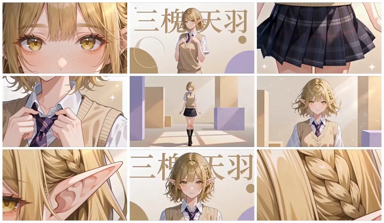 Nine frames from across Blonde elf in a school uniform