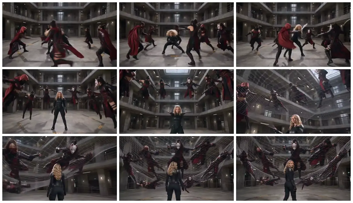 Nine frames from across Blonde heroine and a web of ninjas