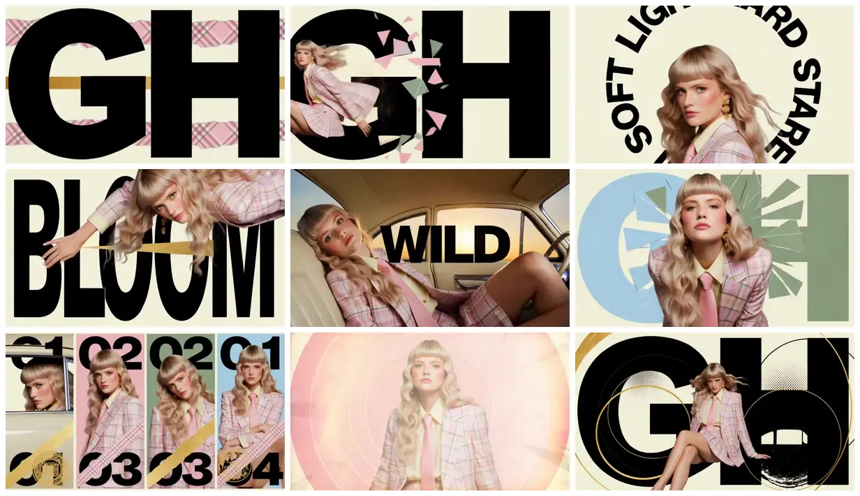Nine frames from across Blonde portrait with oversized type