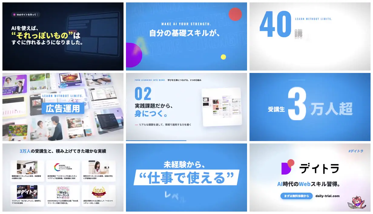 Nine frames from across Blue-and-white web skills commercial