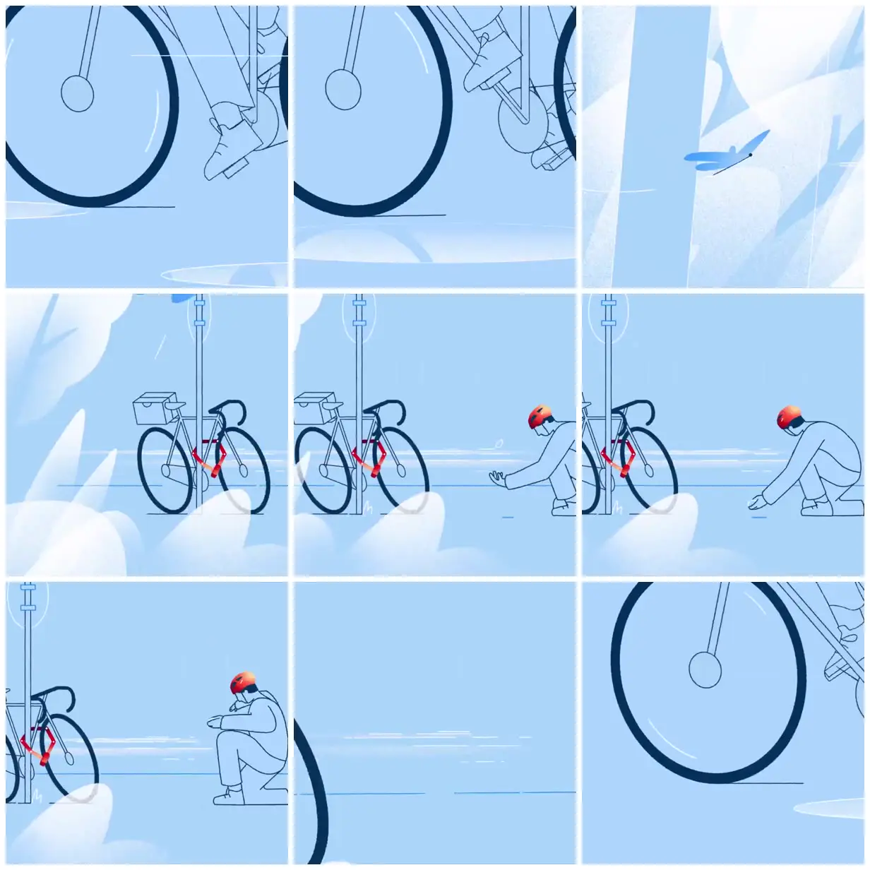 Nine frames from across Blue bicycles with red safety accents