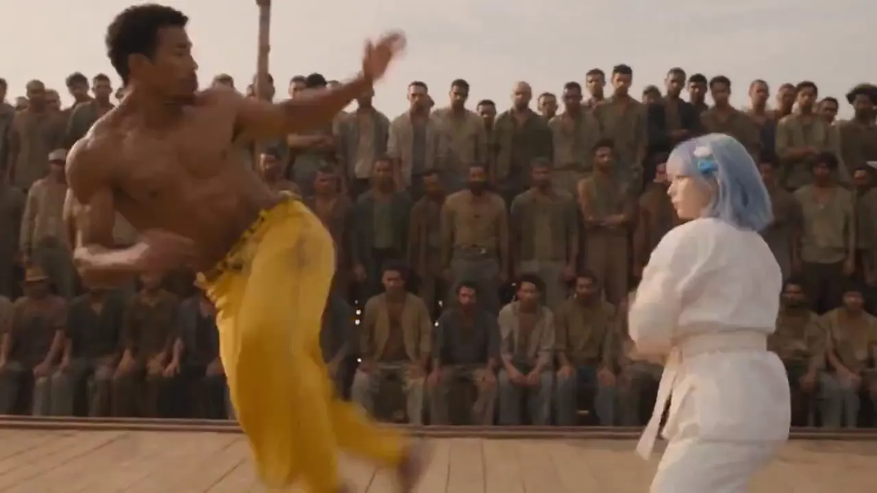 Frame from Blue-haired fighter in a wooden arena