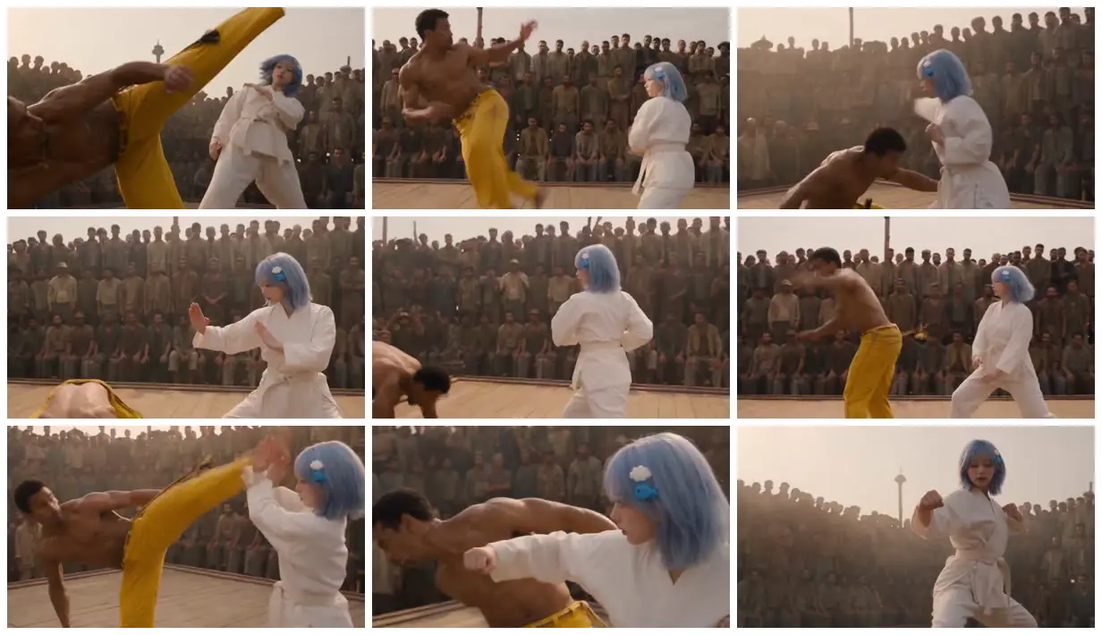 Nine frames from across Blue-haired fighter in a wooden arena