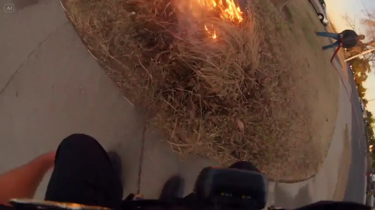 Frame from Bodycam view of a roadside brush fire