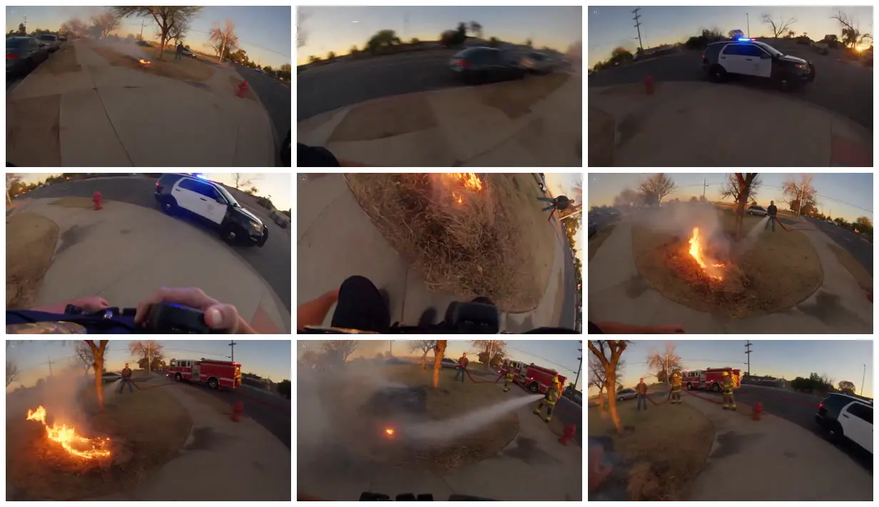 Nine frames from across Bodycam view of a roadside brush fire