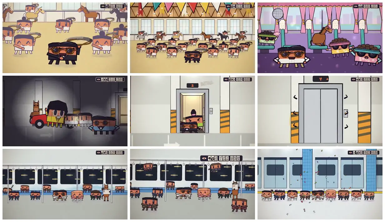 Nine frames from across Box characters in Gangnam Style scenes