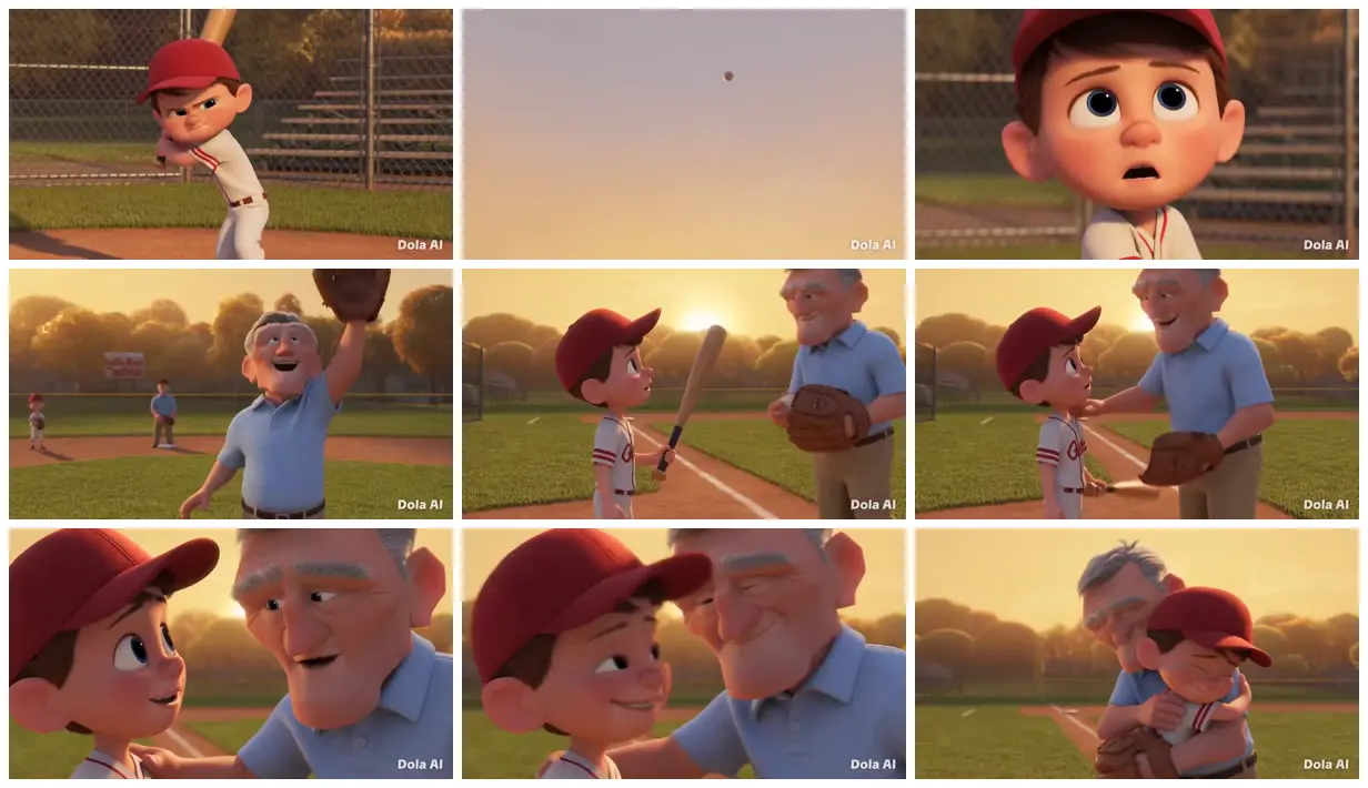 Nine frames from across Boy and elder on a baseball field