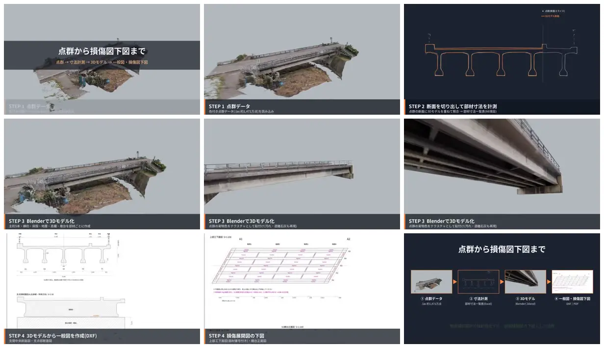 Nine frames from across Bridge scans to structural drawings