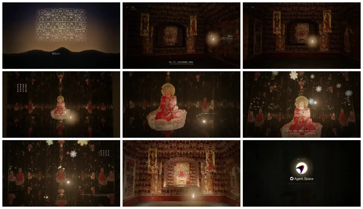 Nine frames from across Buddhist murals in mirrored space