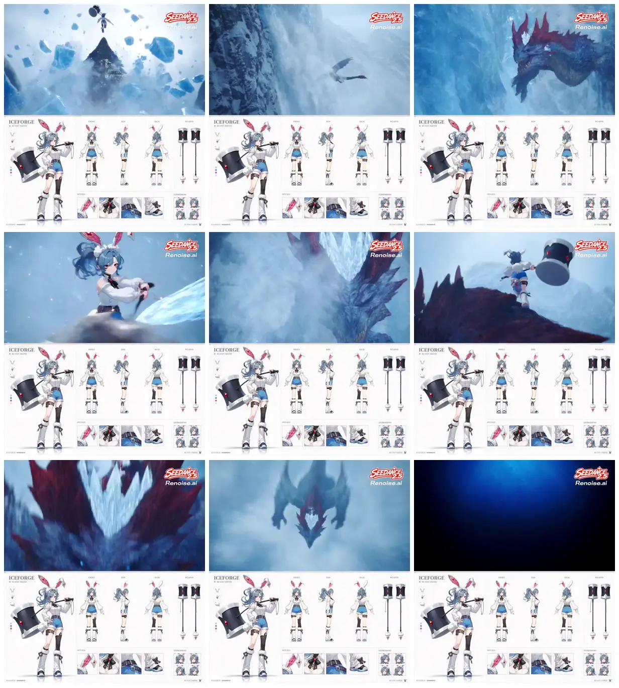 Nine frames from across Bunny smith faces an ice dragon
