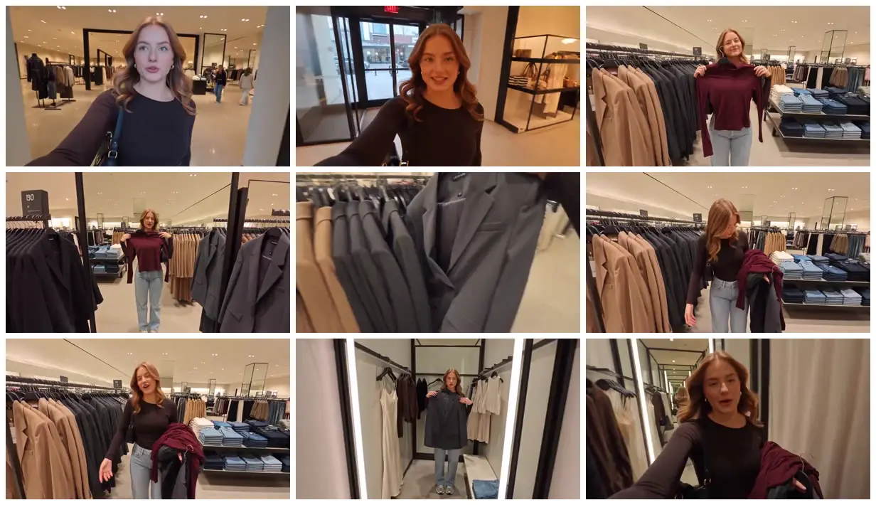 Nine frames from across Burgundy top and blazer shopping vlog