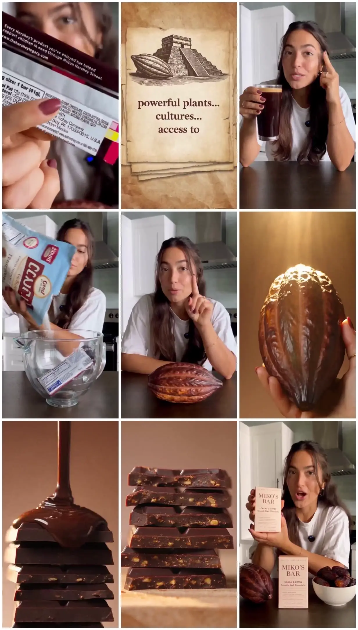 Nine frames from across Cacao pods and stacked chocolate