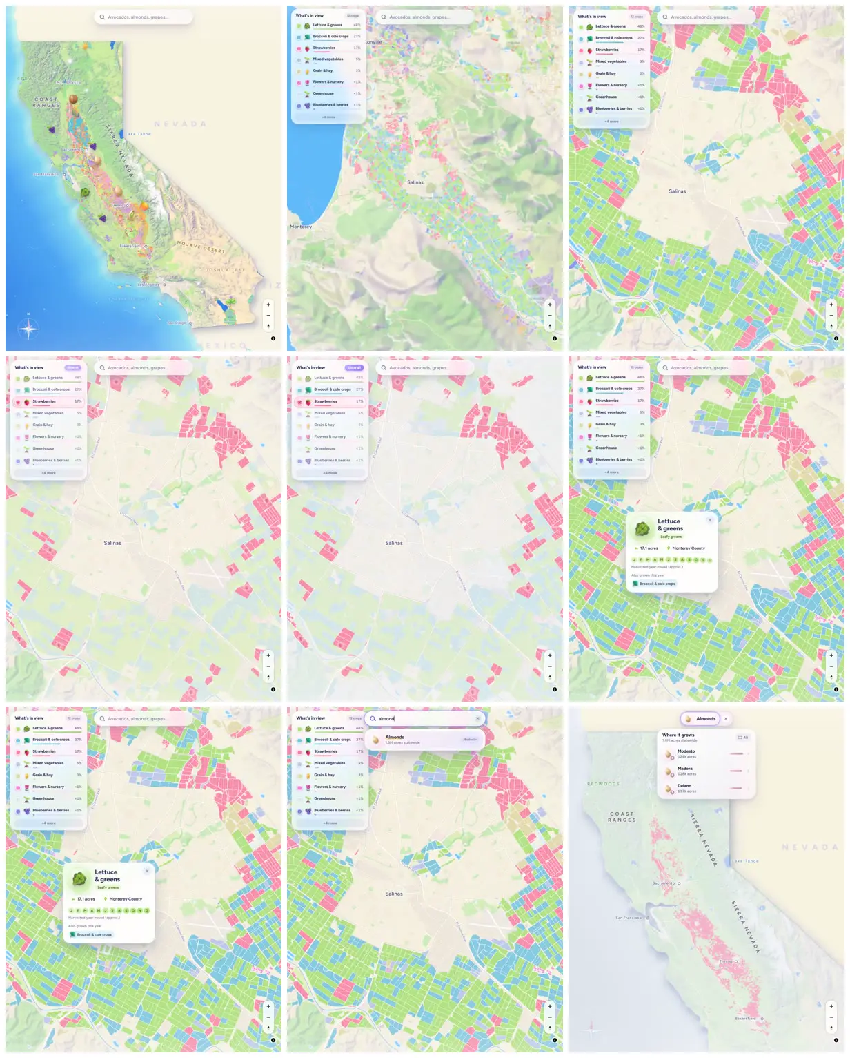 Nine frames from across California crops by farm field