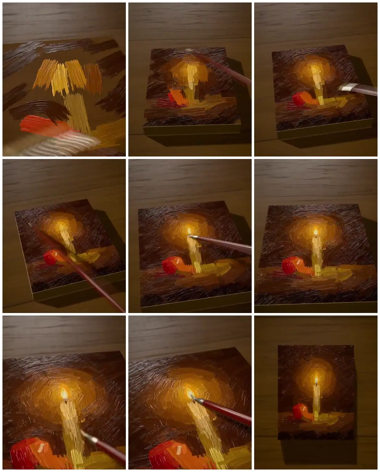Nine frames from across Candle and apple in textured paint