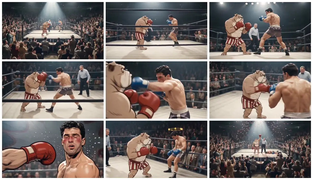 Nine frames from across Cartoon bulldog in a boxing ring