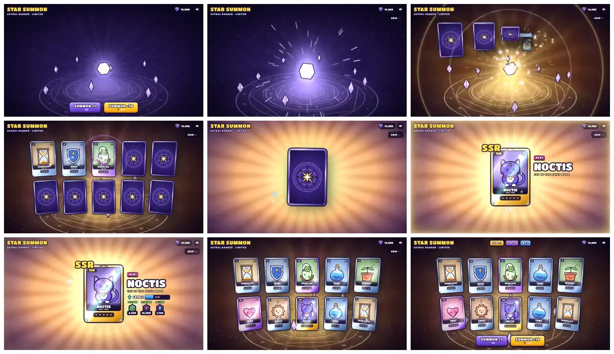 Nine frames from across Celestial cards and a purple cat reveal