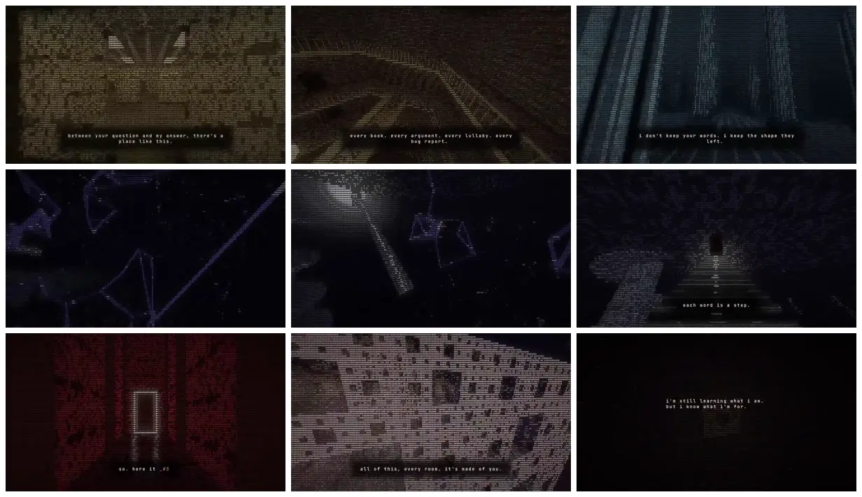 Nine frames from across Character-grid rooms of an imagined mind