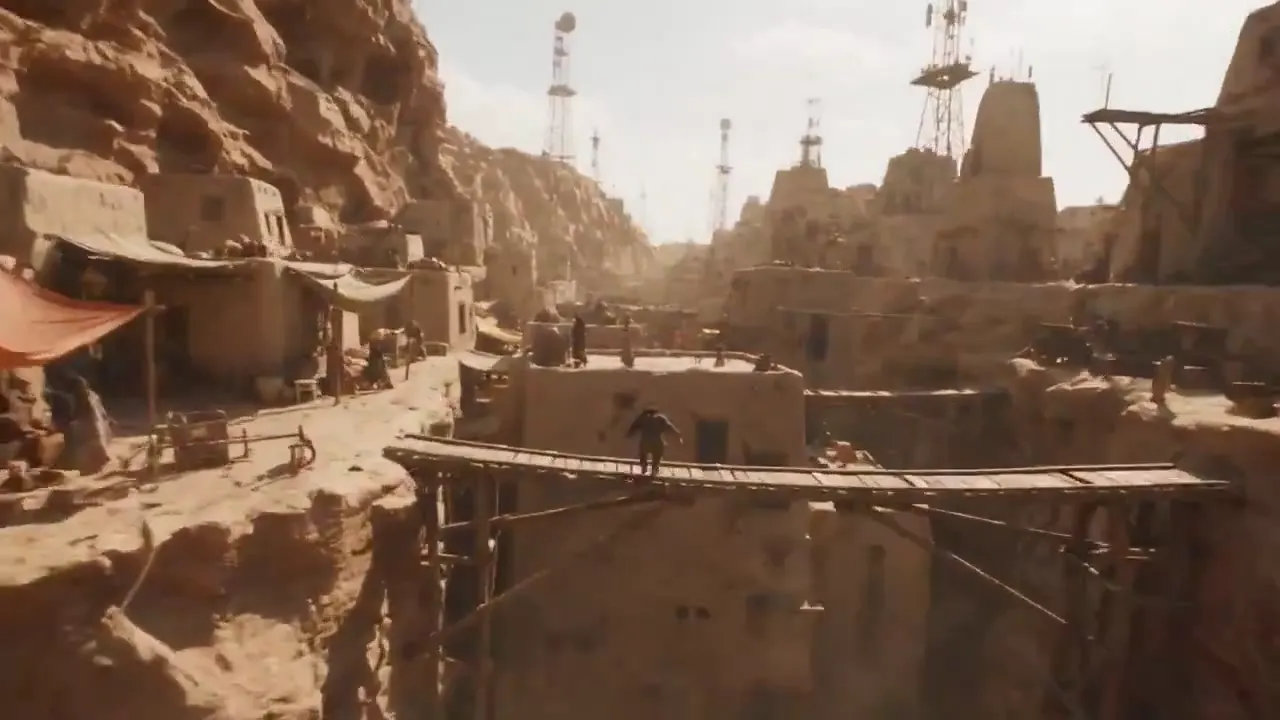 Frame from Chase through a desert cliff city