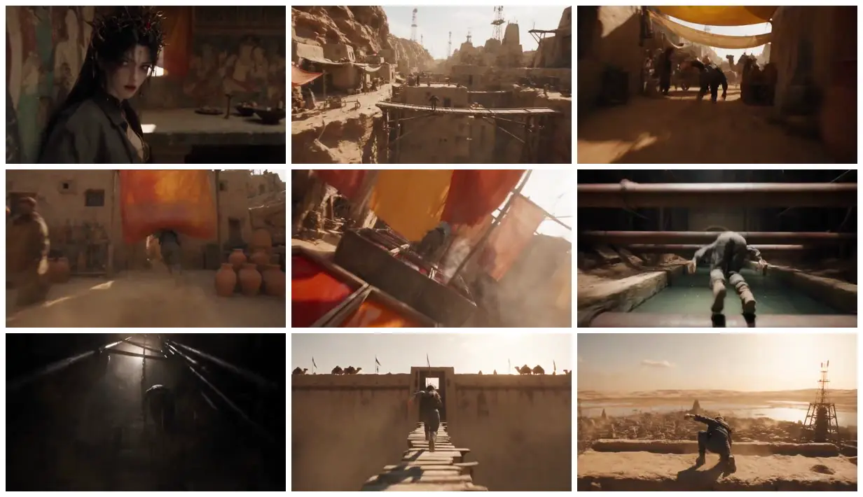 Nine frames from across Chase through a desert cliff city