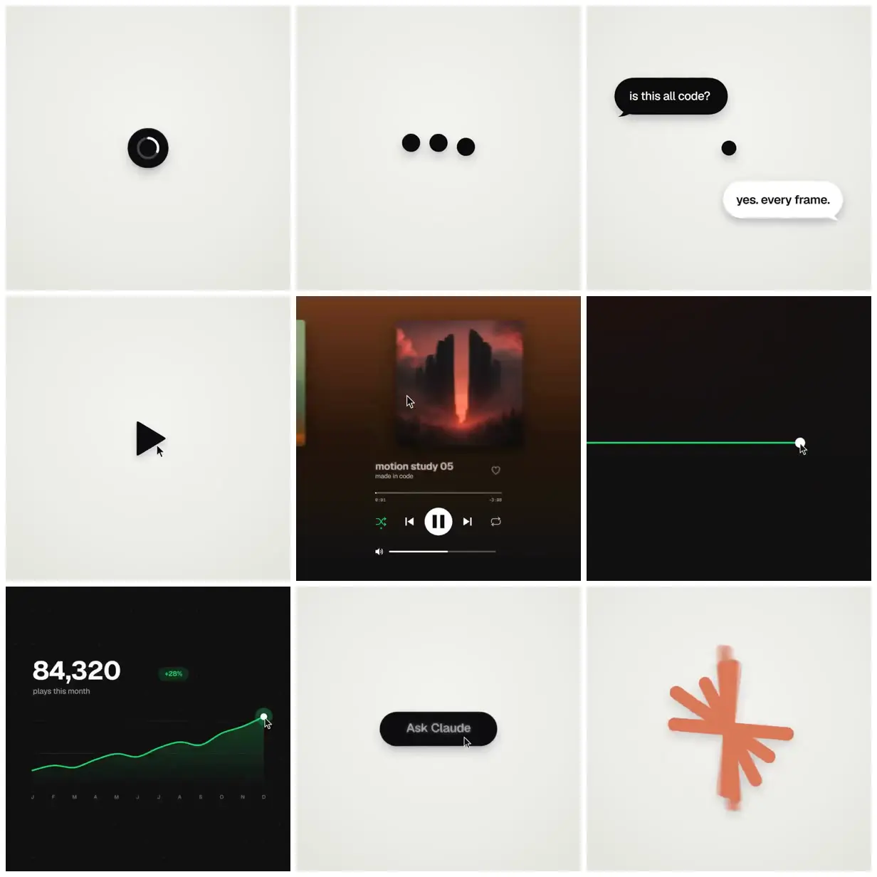 Nine frames from across Chat, music player and green chart