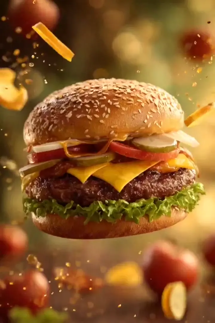 Frame from Cheeseburger with suspended ingredients