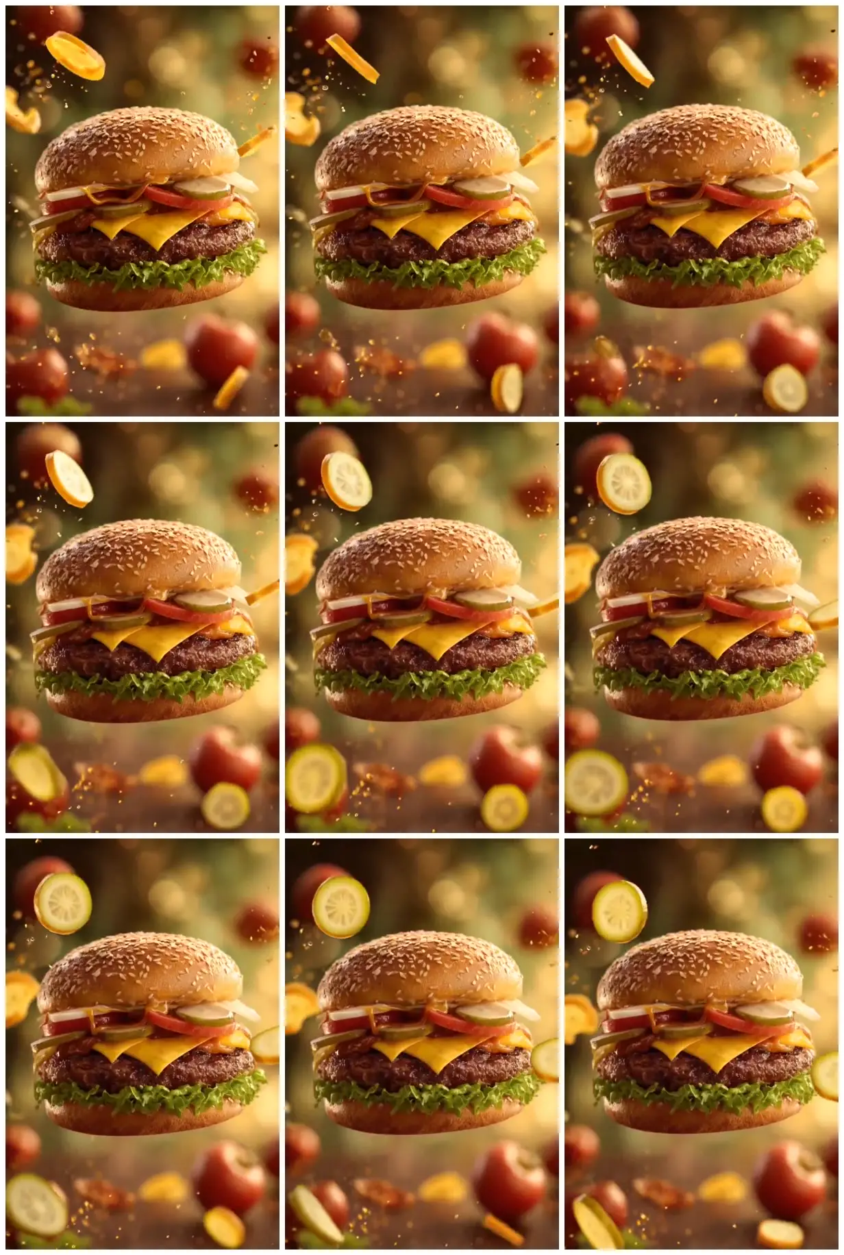 Nine frames from across Cheeseburger with suspended ingredients