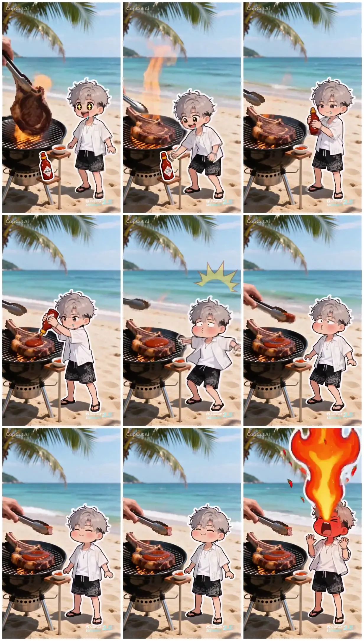 Nine frames from across Chibi beach barbecue with spicy sauce