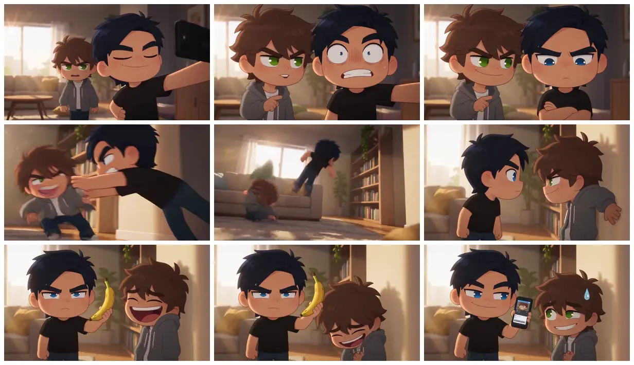 Nine frames from across Chibi friends and the banana prank