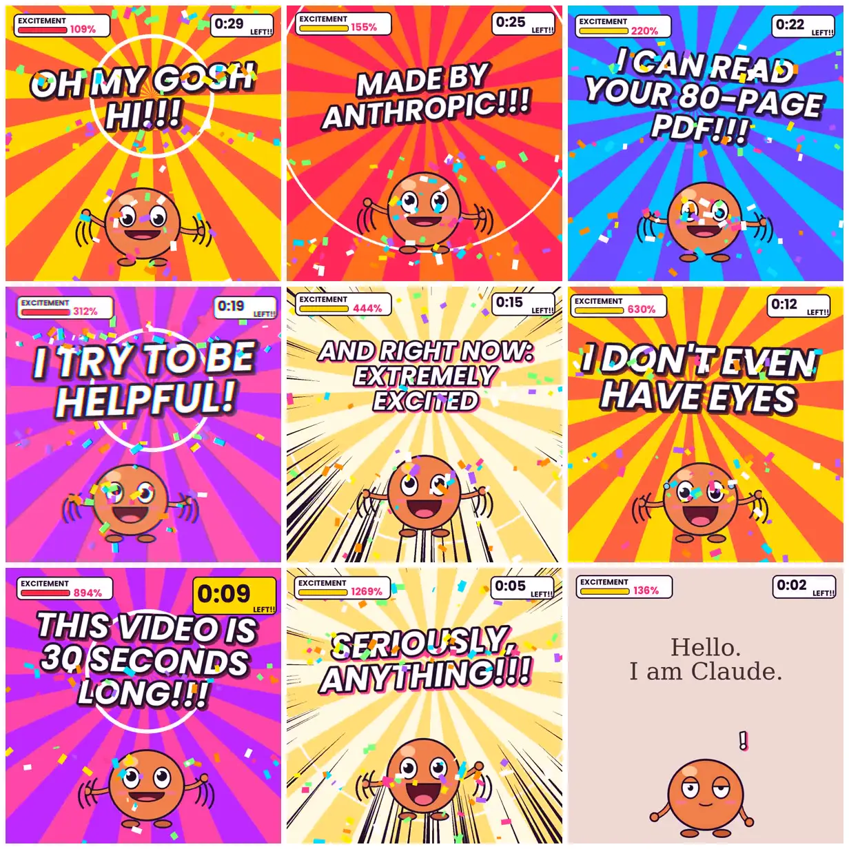 Nine frames from across Claude mascot in confetti bursts
