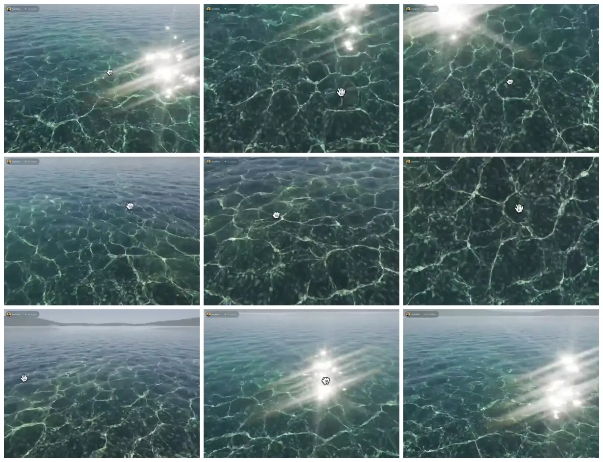 Nine frames from across Clear teal water with sun reflections