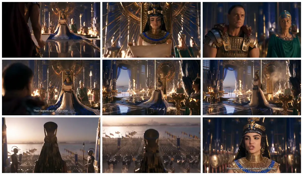 Nine frames from across Cleopatra’s court and riverbank army