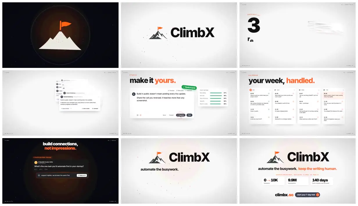 Nine frames from across ClimbX cards and mountain branding