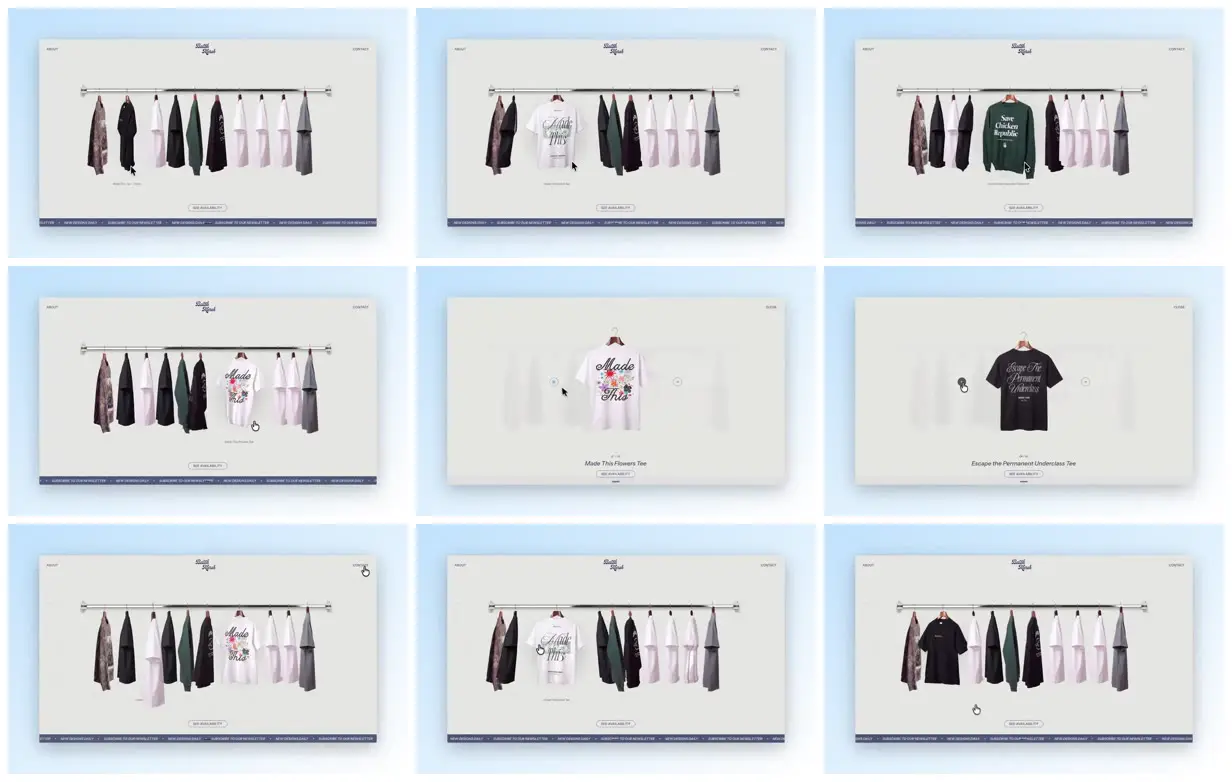 Nine frames from across Clothing rail portfolio