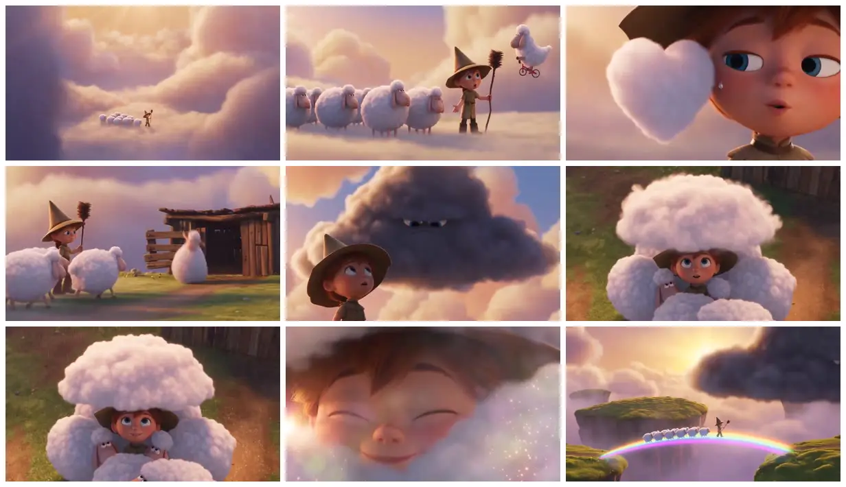 Nine frames from across Cloud-sheep shelter their shepherd