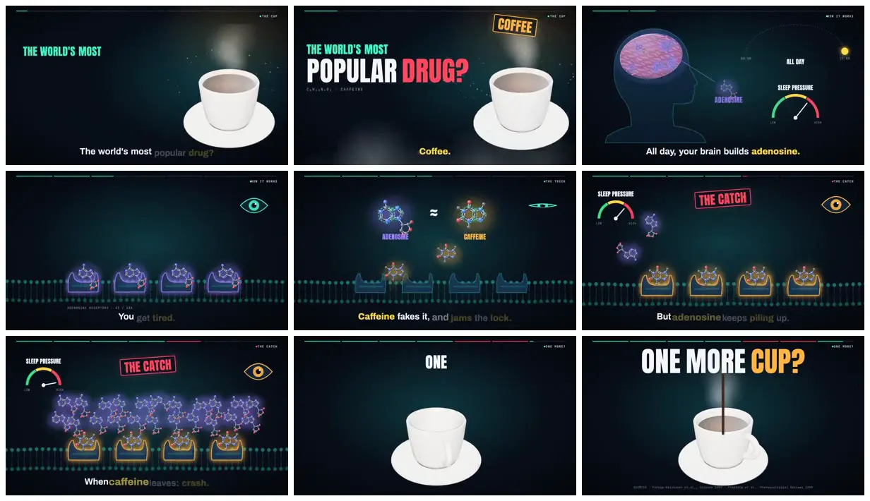 Nine frames from across Coffee and the sleep-pressure lock