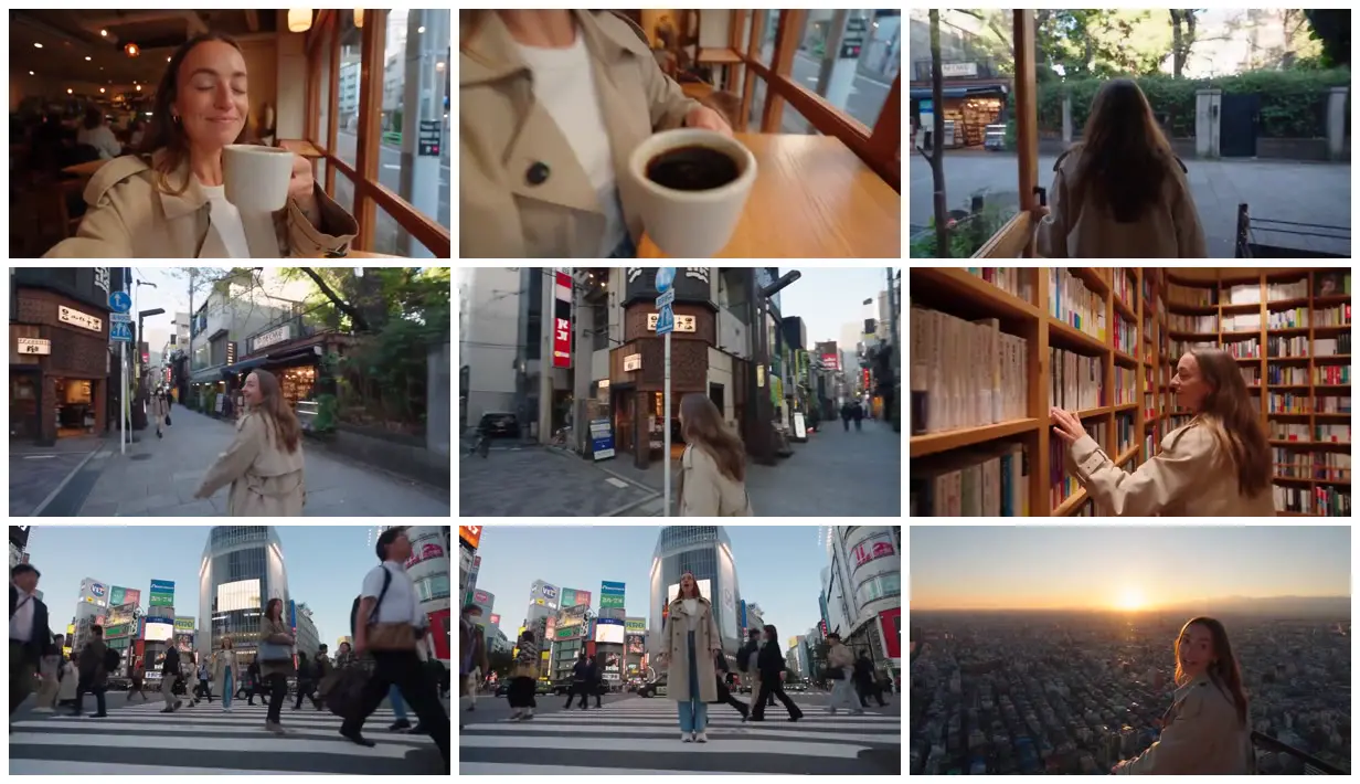 Nine frames from across Coffee, books and Tokyo streets
