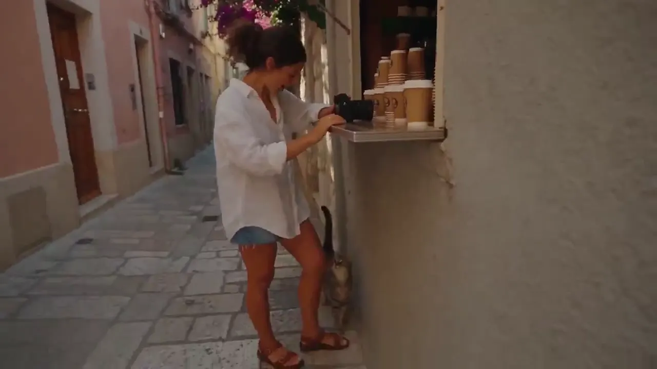 Frame from Coffee run through a coastal old town