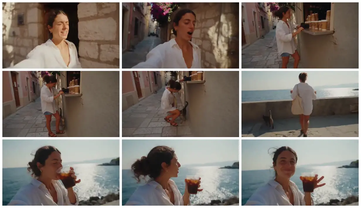 Nine frames from across Coffee run through a coastal old town