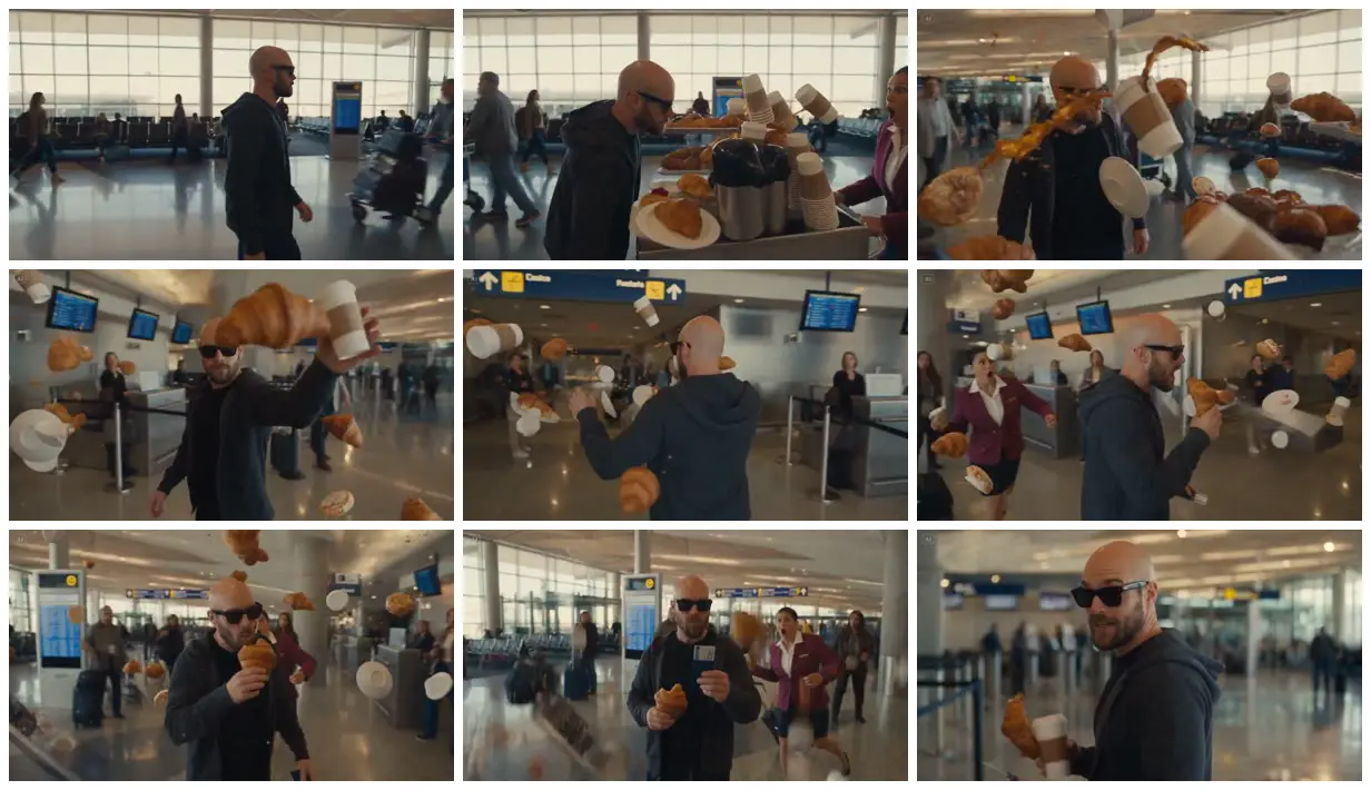 Nine frames from across Coffee spill frozen in an airport