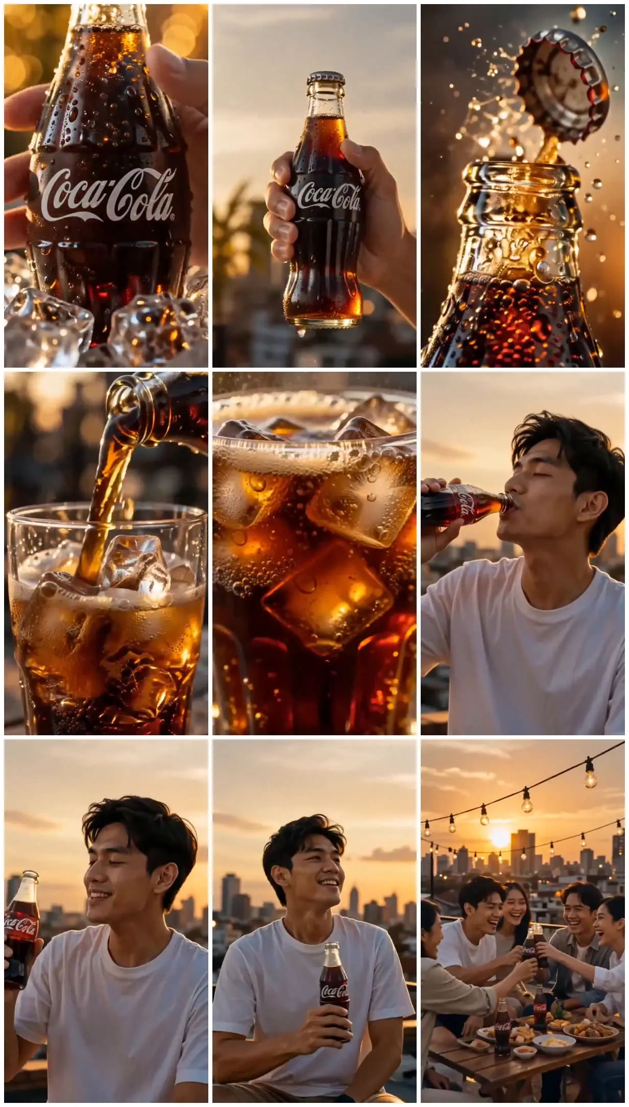 Nine frames from across Cola bottles at a rooftop gathering